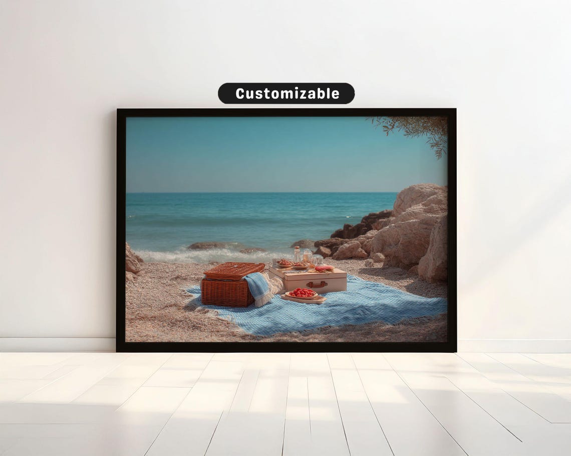 Retro Beach Picnic Seaside Blanket Basket Scenic Photo Poster