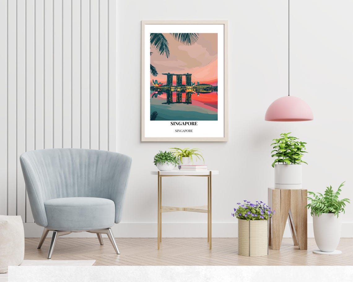 Singapore Marina Bay Golden Sunset Reflection Palm Travel Poster - Image 2