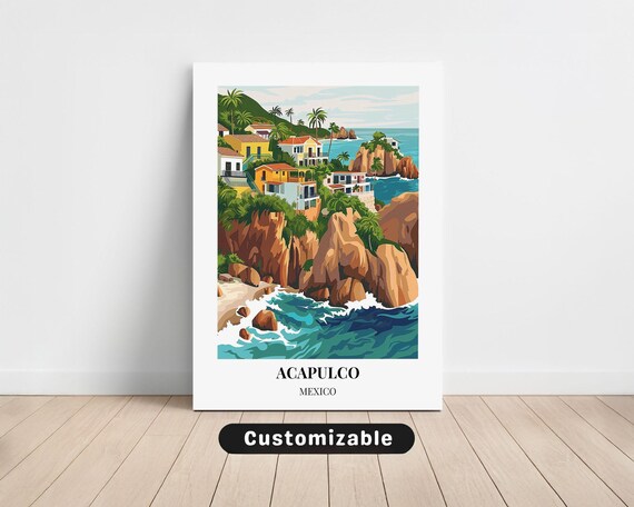 Acapulco Mexico Cliffside Houses Pacific Waves Travel Poster