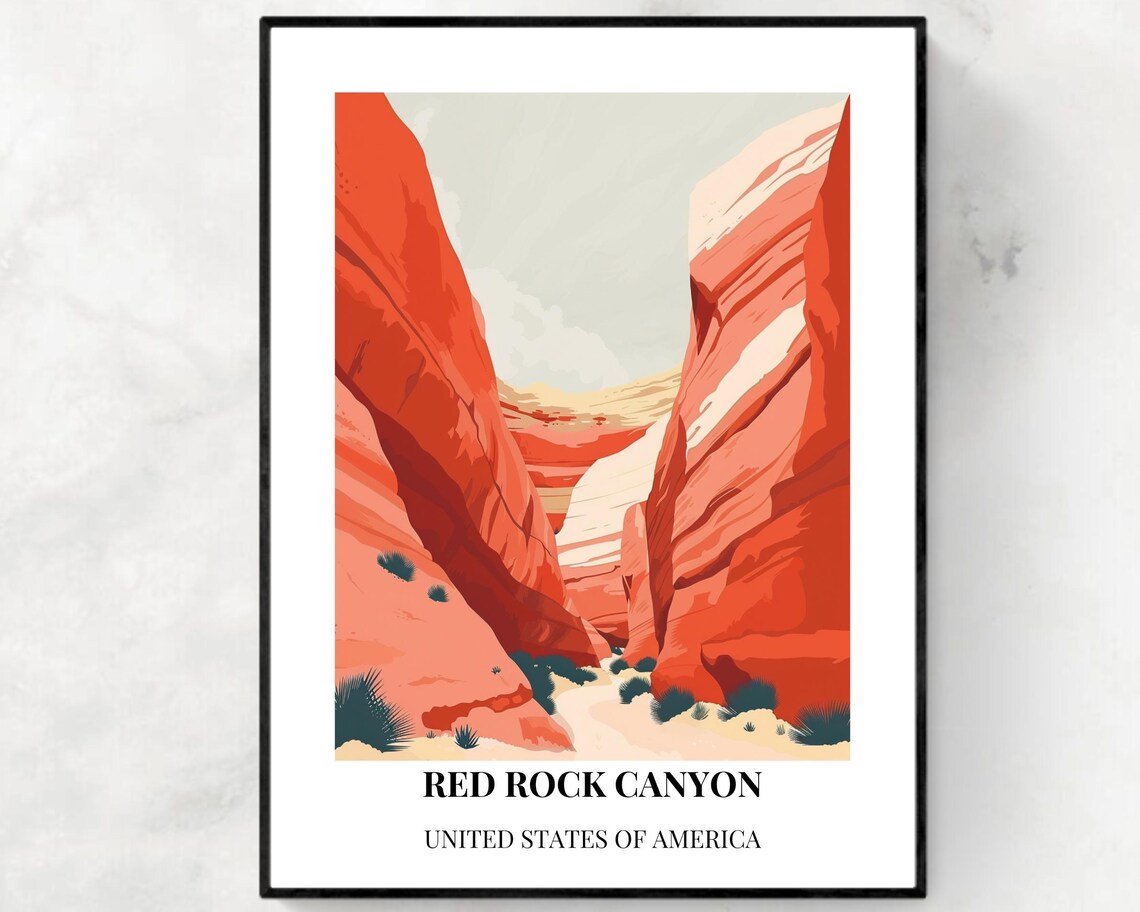 Red Rock Canyon Slot Canyon Travel Poster with Black Title Border