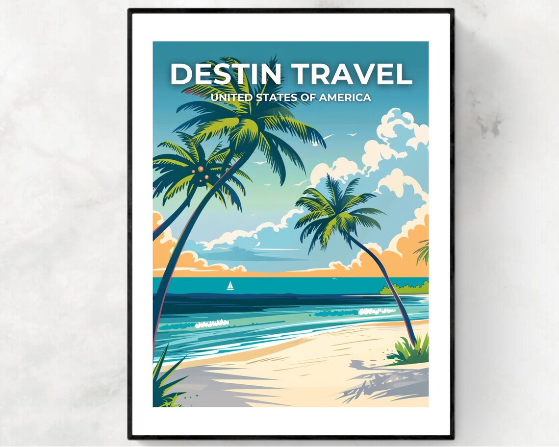 Destin Travel Florida Sunset Palms Beach Overlay Title Poster