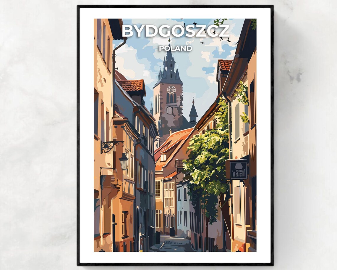 Bydgoszcz Poland Old Town Street Church Tower Day Scene Poster