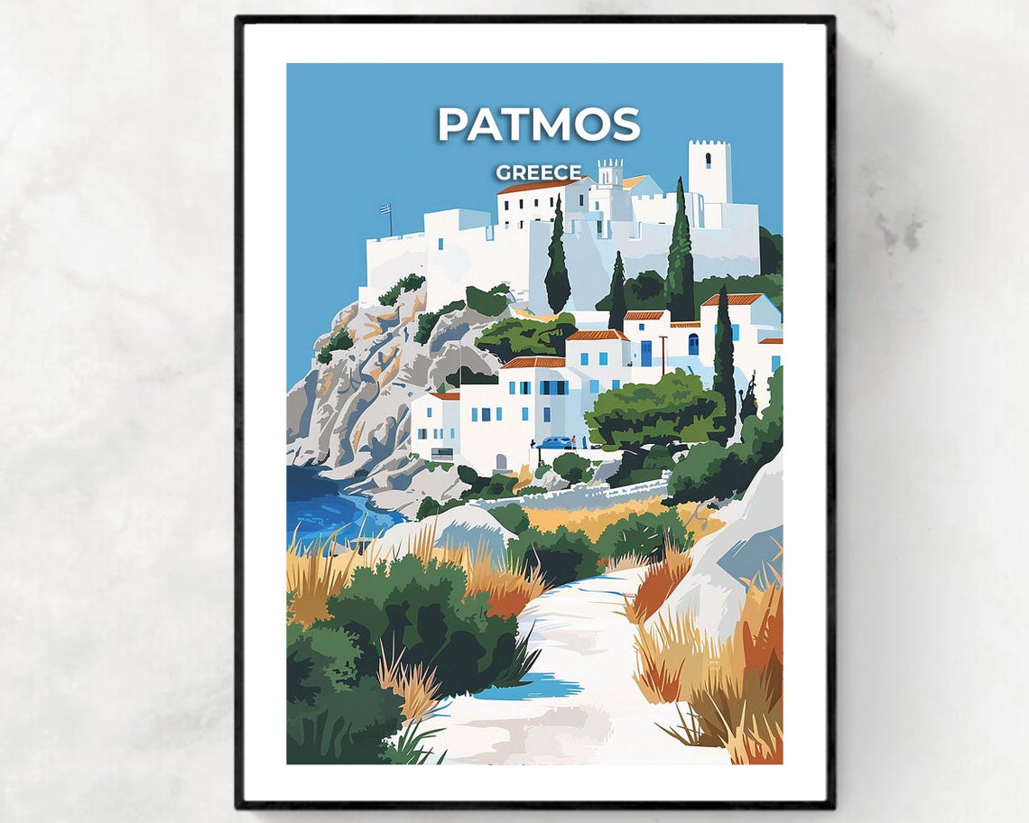 Patmos Greece White Hilltop Monastery Chora Vintage Travel Poster
