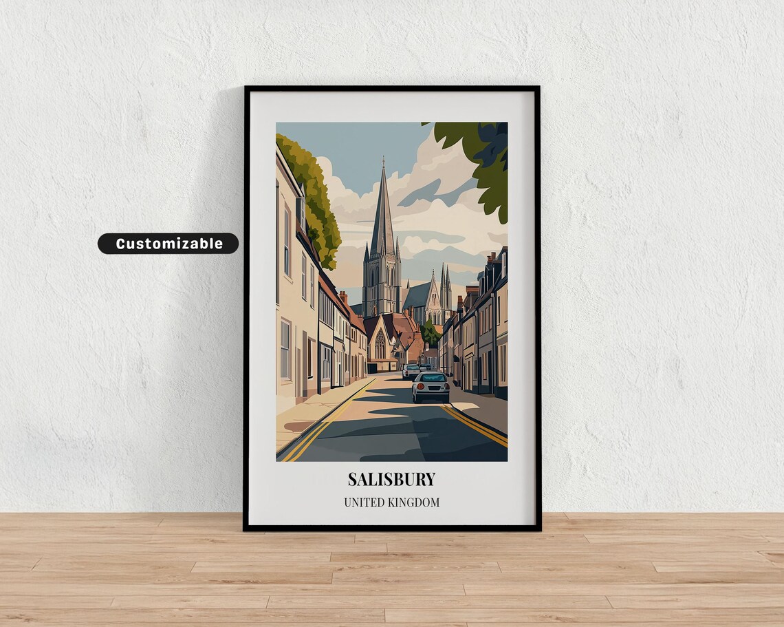 Salisbury United Kingdom Cathedral Spire Street Custom Travel Poster