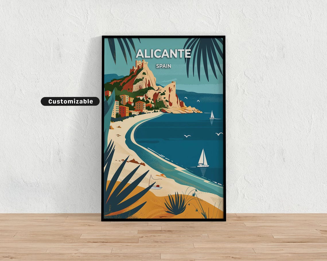 Alicante Spain Sandy Beach Castle Rock Vintage Travel Poster