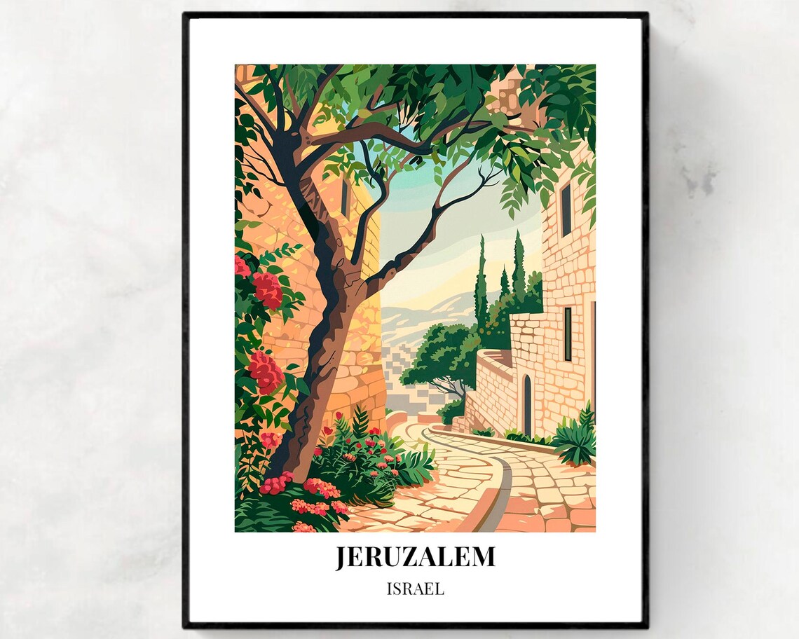 Jerusalem Israel Old City Blooming Alley Stone Lane View Travel Poster