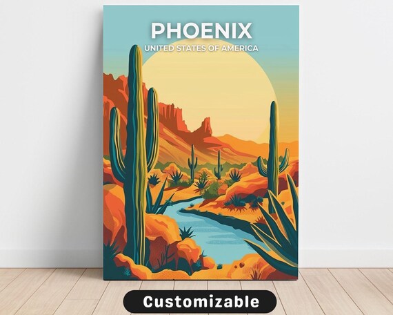 Phoenix Arizona Desert River Saguaro Cactus Retro Travel Poster