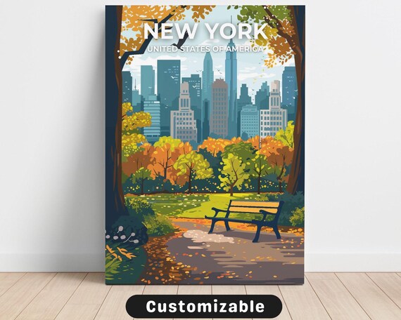 New York Fall Park Travel Poster Golden Leaves Bench Skyline Art