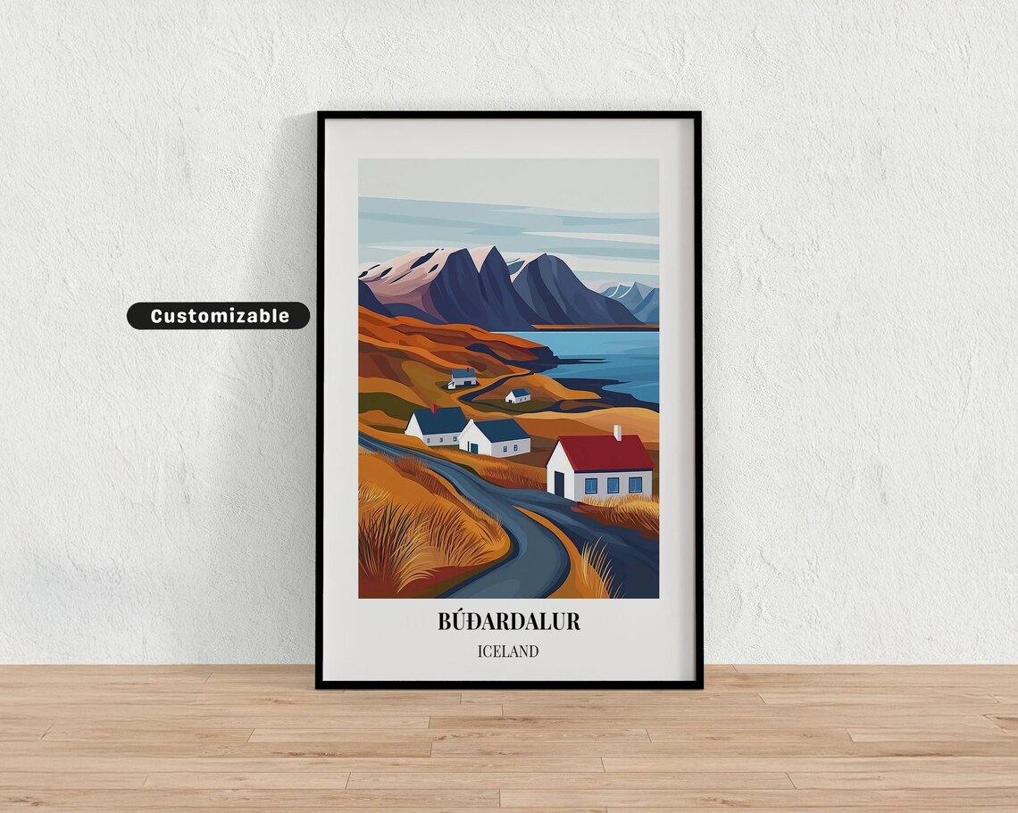 Budardalur Iceland Farmhouses Fjord Road Autumn Travel Poster
