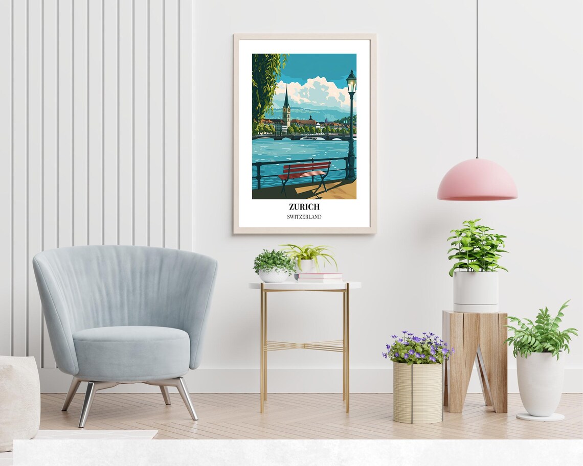 Zurich Lake Promenade with Red Bench and Lamppost Switzerland Poster - Image 2