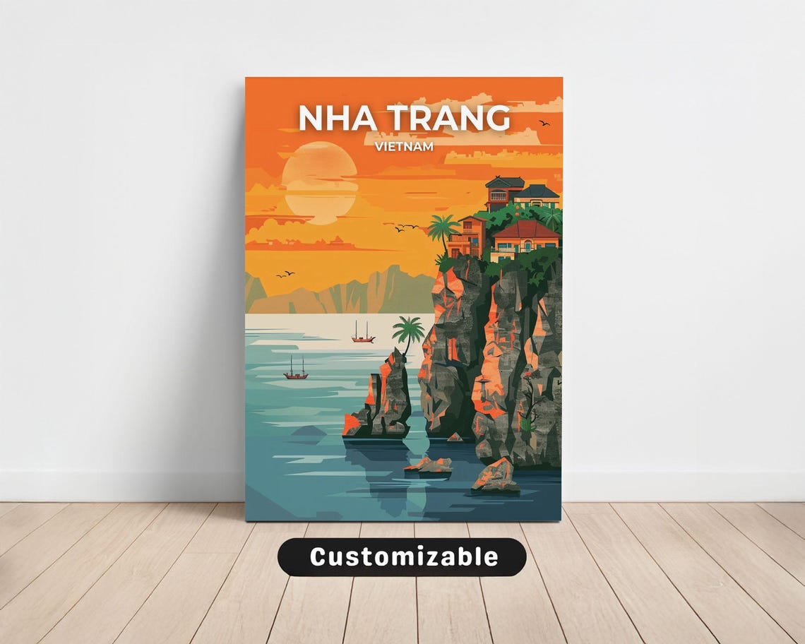 Nha Trang Vietnam Sunset Cliff Villas Retro Travel Beach Poster