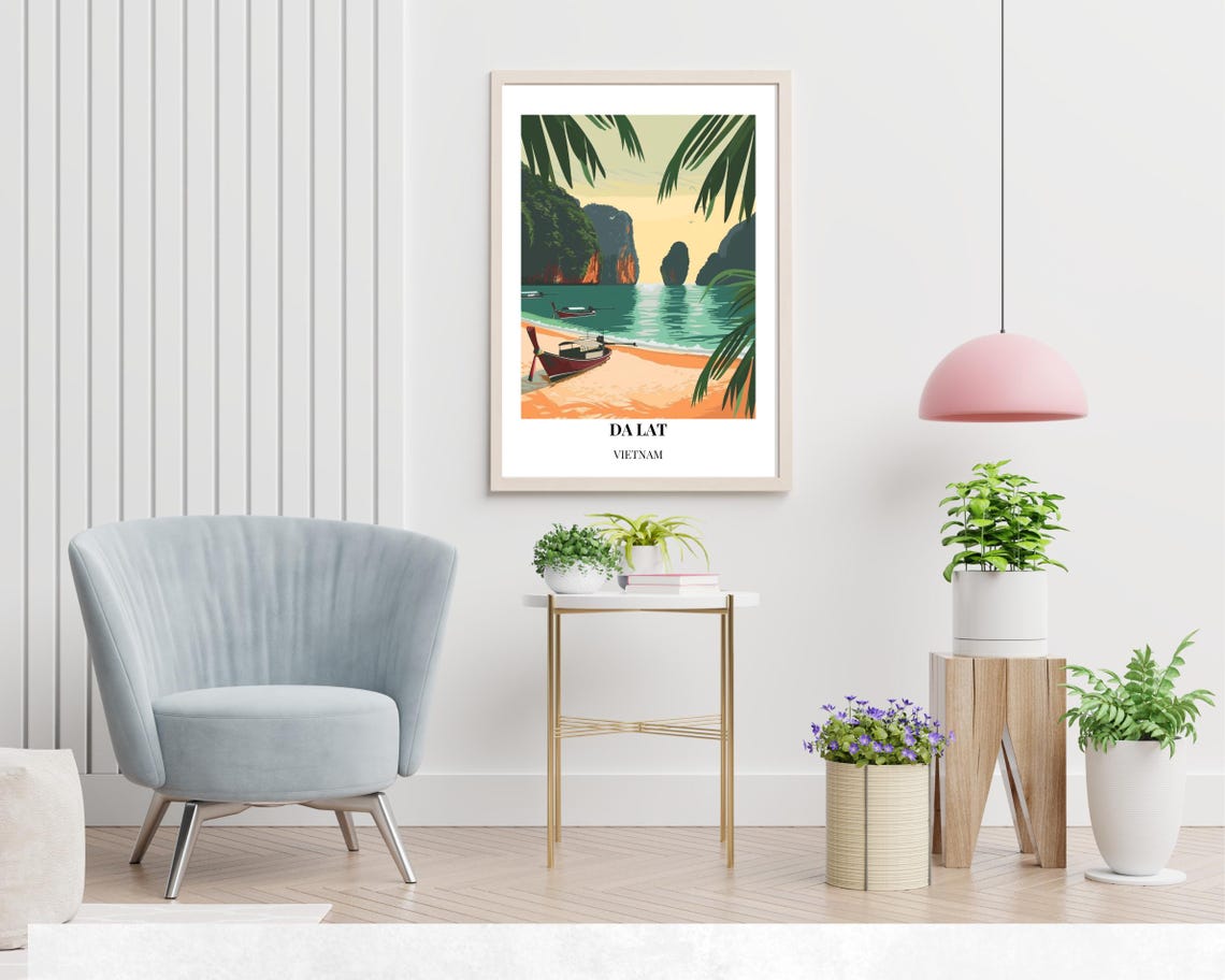 Da Lat Vietnam Palm Beach Limestone Cliffs Tropical Travel Poster - Image 2