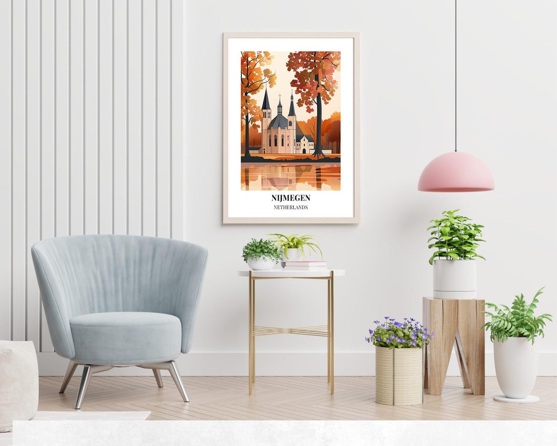Nijmegen Netherlands Autumn Church Riverside Reflection Travel Poster - Image 2
