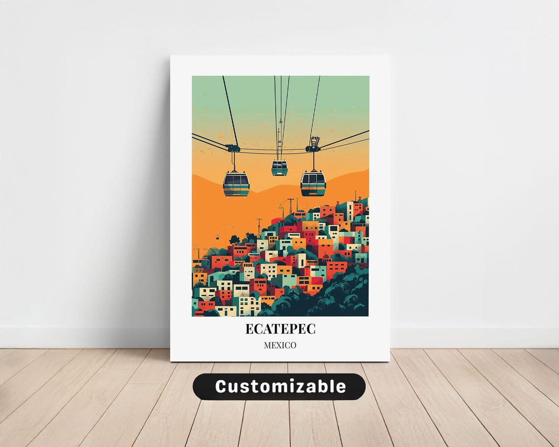 Ecatepec Mexico Cable Cars Colorful Hillside Sunset Travel Poster