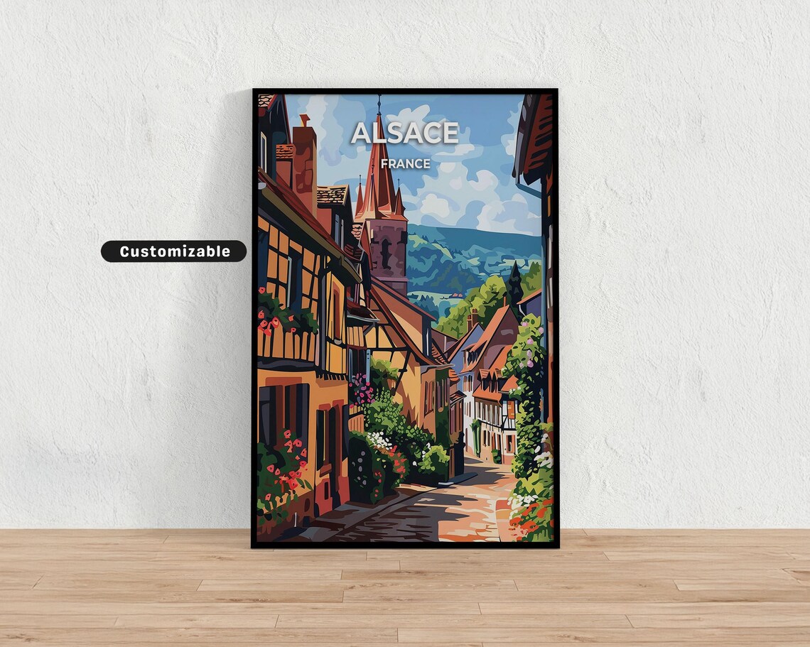 Alsace France Travel Poster Charming Village Church Storks Vintage Art