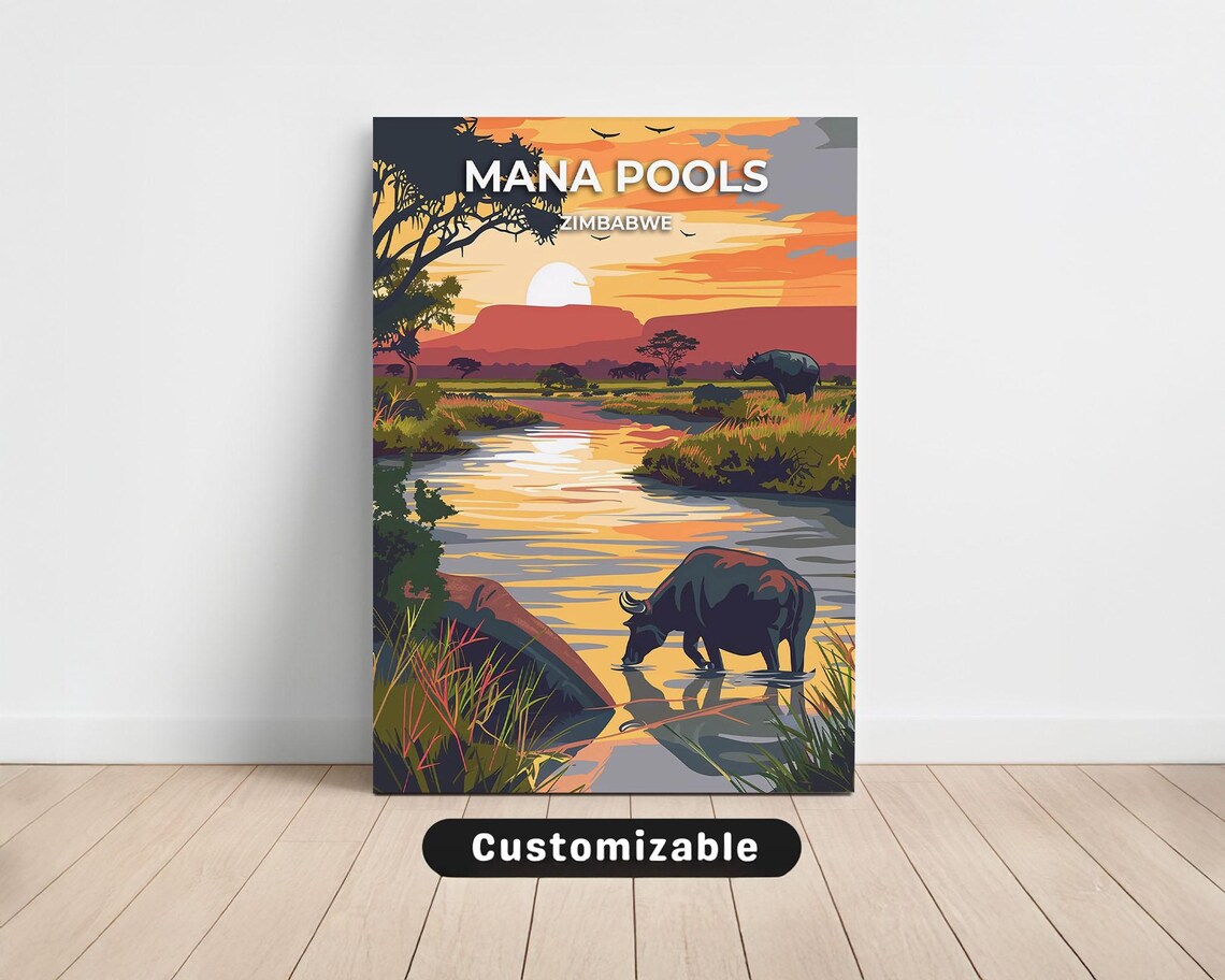 Mana Pools Zimbabwe Rhino Drinking River Sunset Wildlife Travel Poster