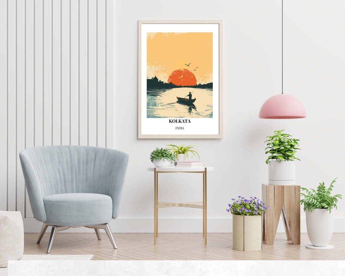 Kolkata Sunset River Fisherman Silhouette Red Sun Travel Poster - Image 2
