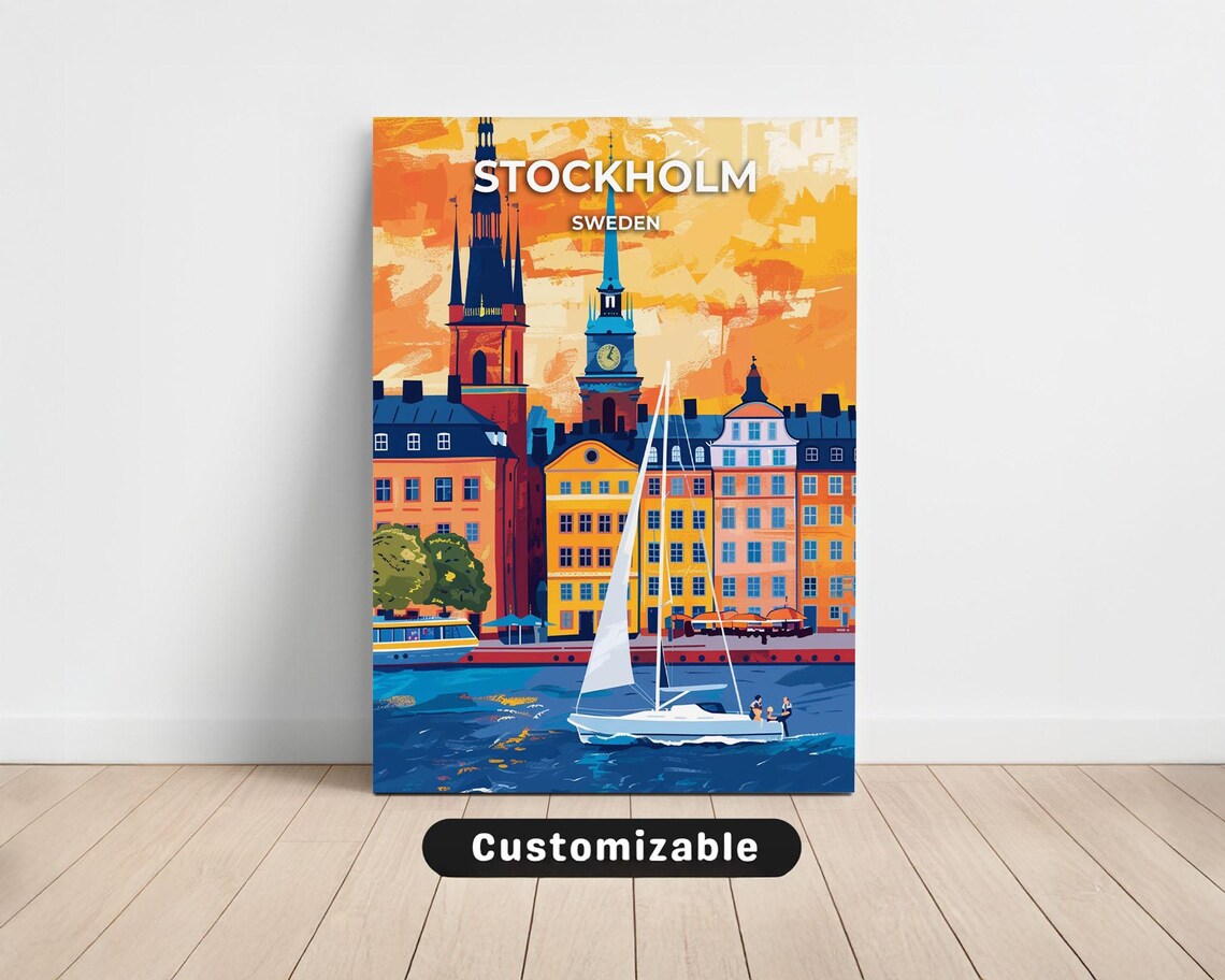 Stockholm Sweden Sailboat Harbor Sunset Skyline Travel Poster