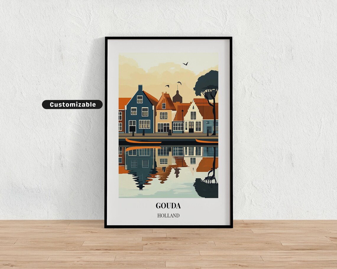 Gouda Holland Waterfront Houses Reflection Travel Poster Vintage