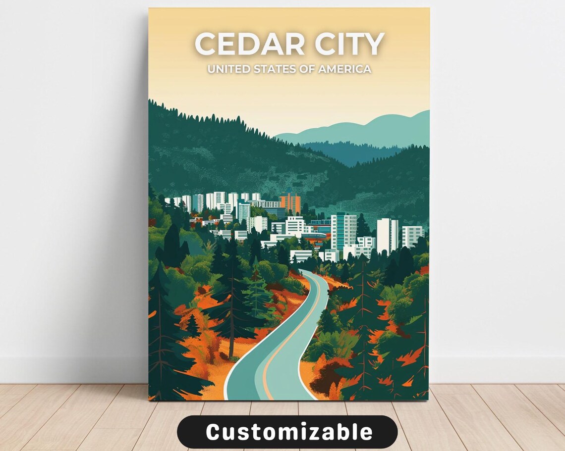 Cedar City United States Forest Mountain Road Vintage Travel Poster