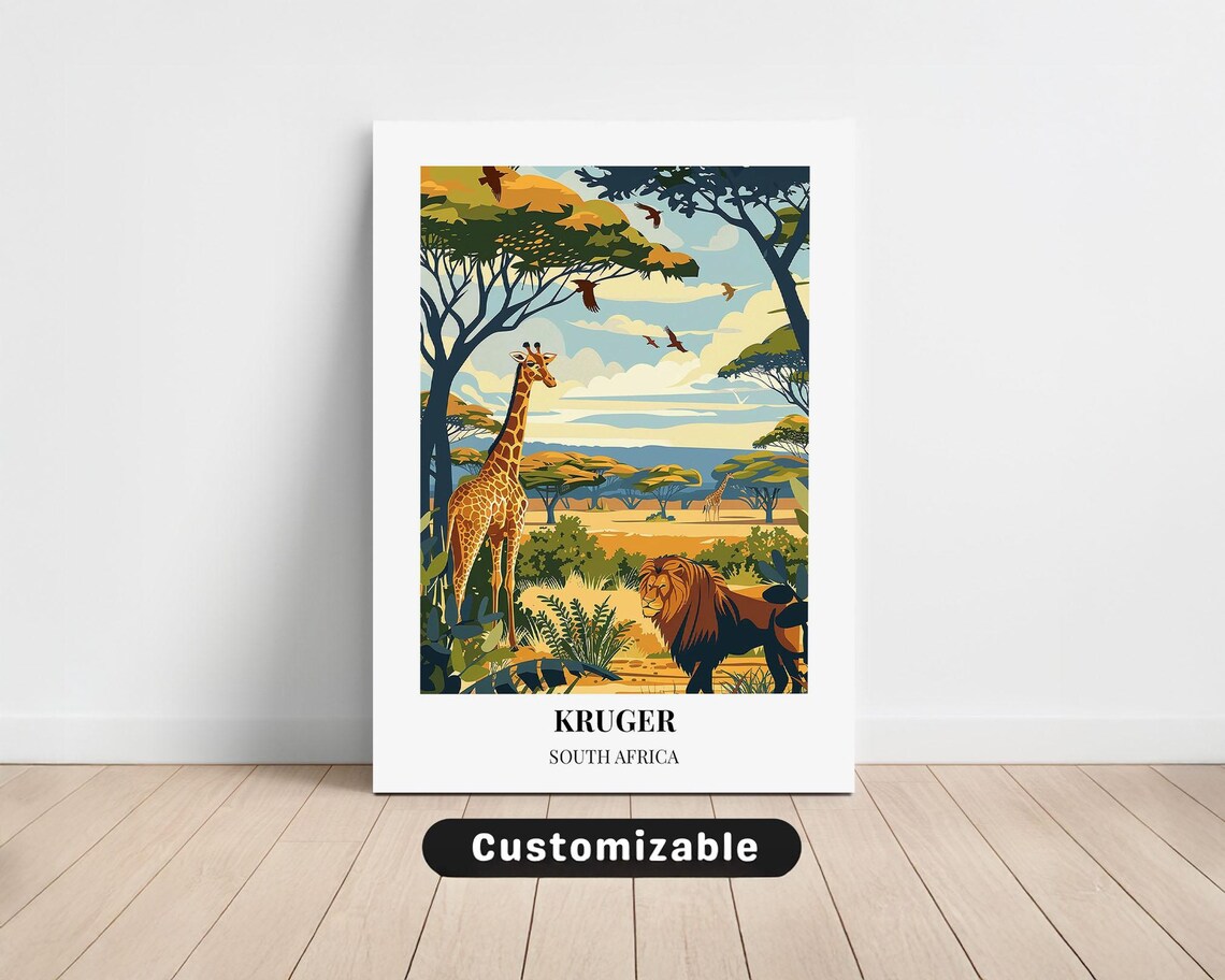 Kruger South Africa Giraffe Lion Safari Wildlife Vintage Poster