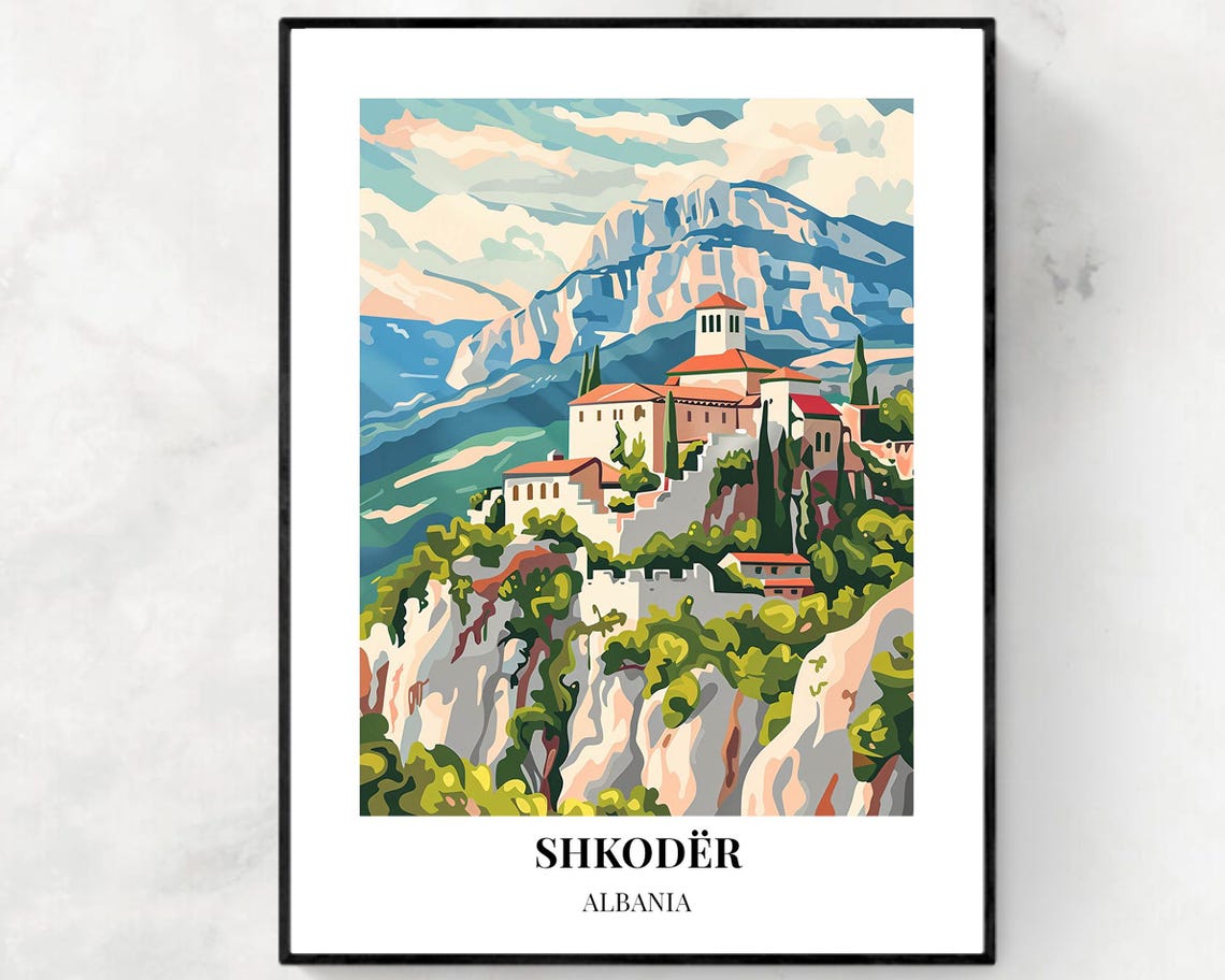 Shkodër Albania Cliffside Castle Village White Border Art Poster