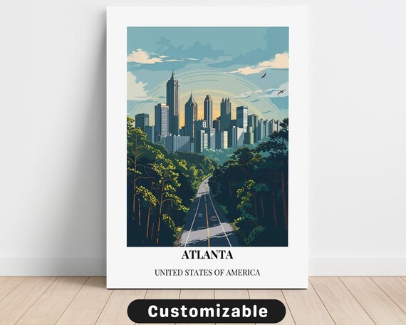 Atlanta Skyline Travel Poster with Green Trees and City Road Scene