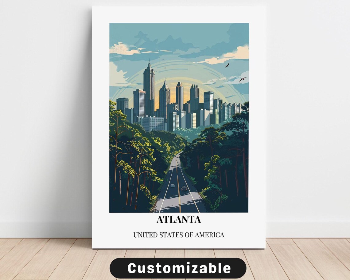 Atlanta Skyline Travel Poster with Green Trees and City Road Scene
