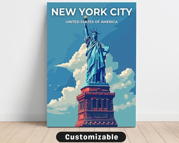 New York City Statue of Liberty Retro Travel Illustration Poster