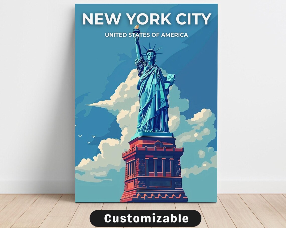 New York City Statue of Liberty Retro Travel Illustration Poster