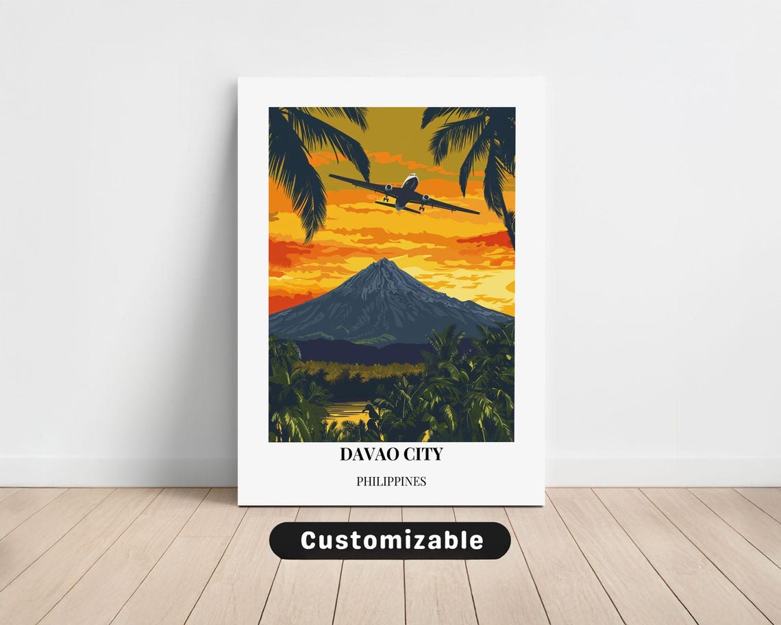 Davao City Philippines Sunset Airplane Volcano Travel Poster