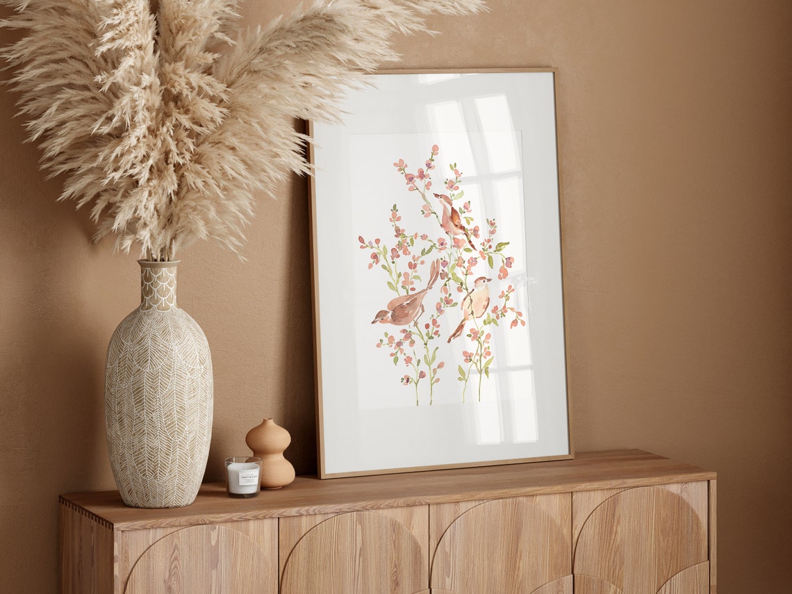 Wren Birds Watercolor Poster on Blush Pink Blossoming Branches - Image 2