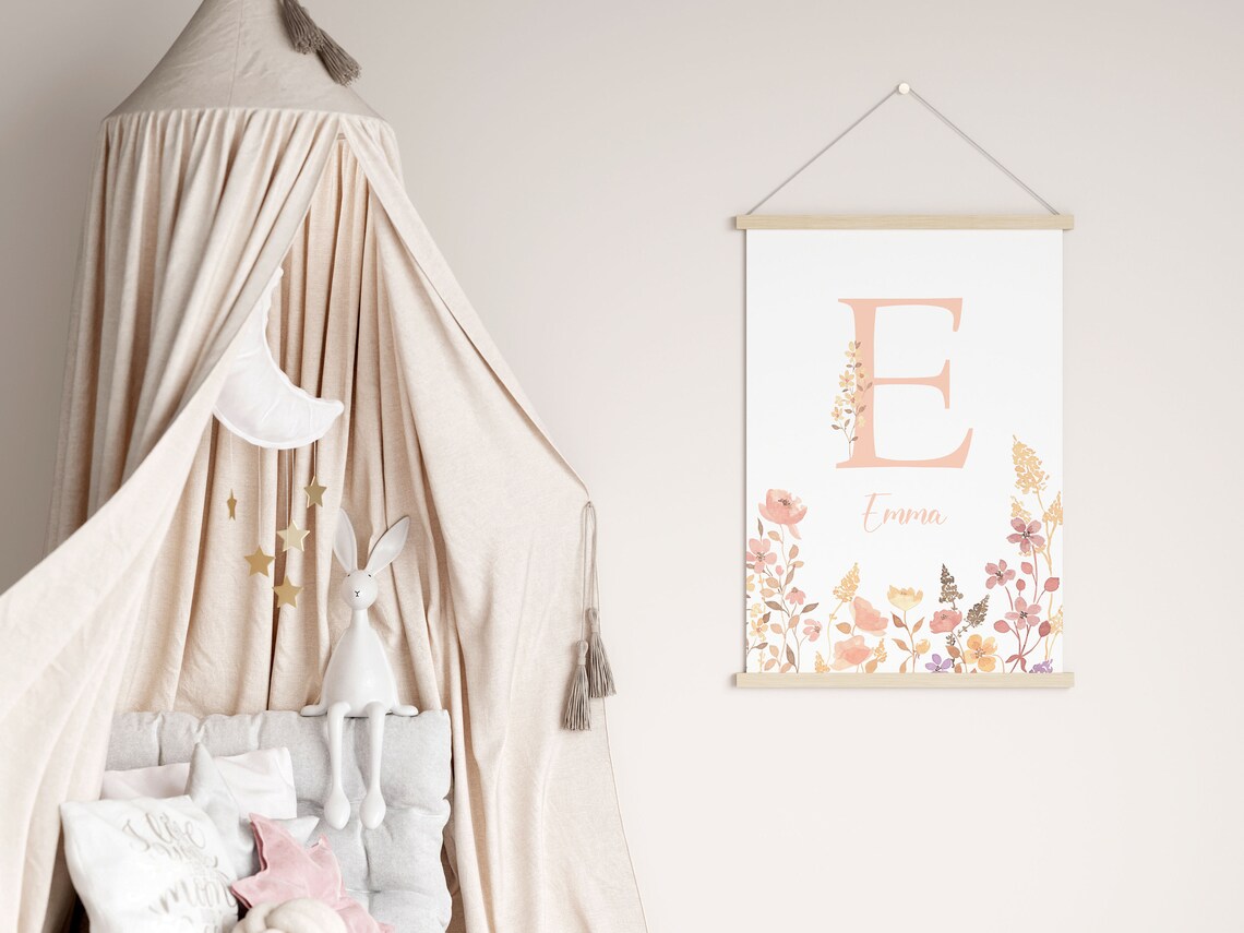 Boho Floral Initial And Name Nursery Art Print - Image 2
