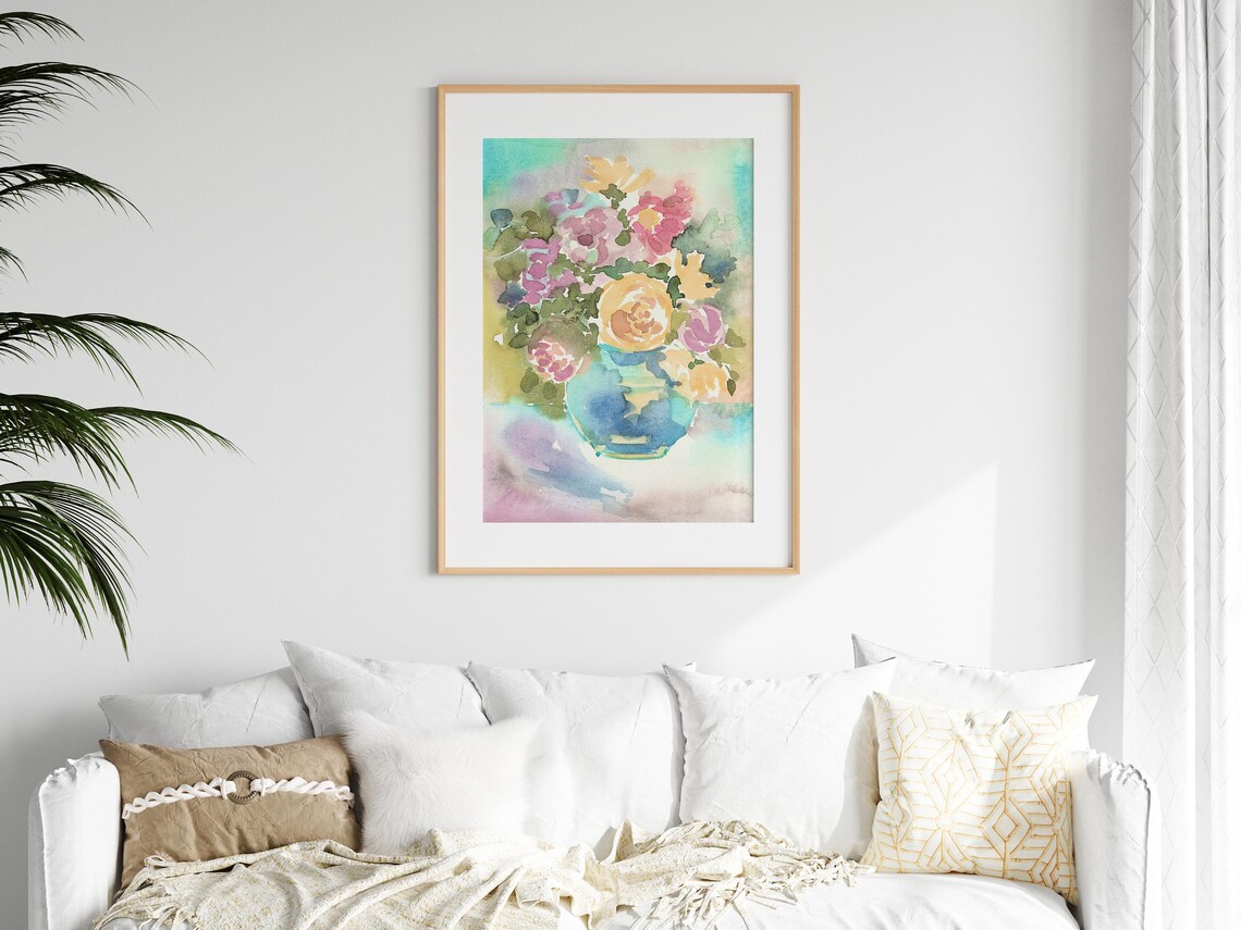 Colorful Floral Bouquet In Blue Vase Watercolor Still Life Art Poster - Image 2