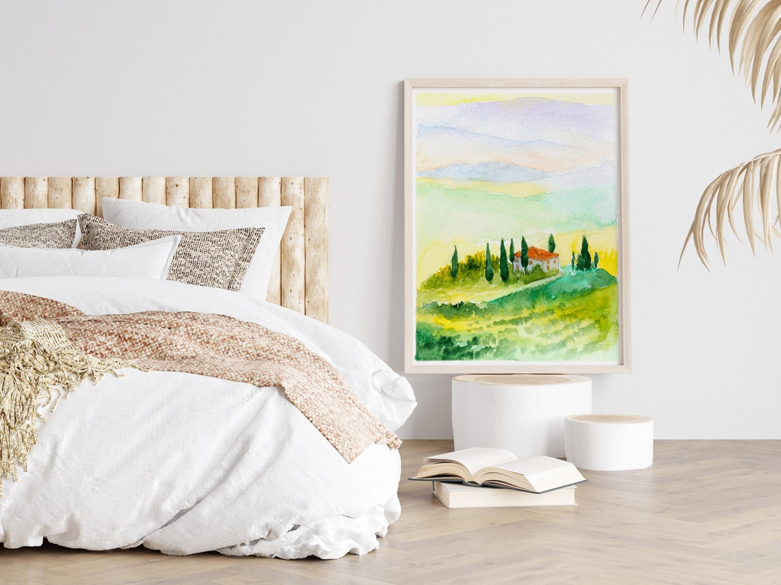 Tuscany Watercolor Farmhouse Among Cypress Trees at Dawn Print - Image 2