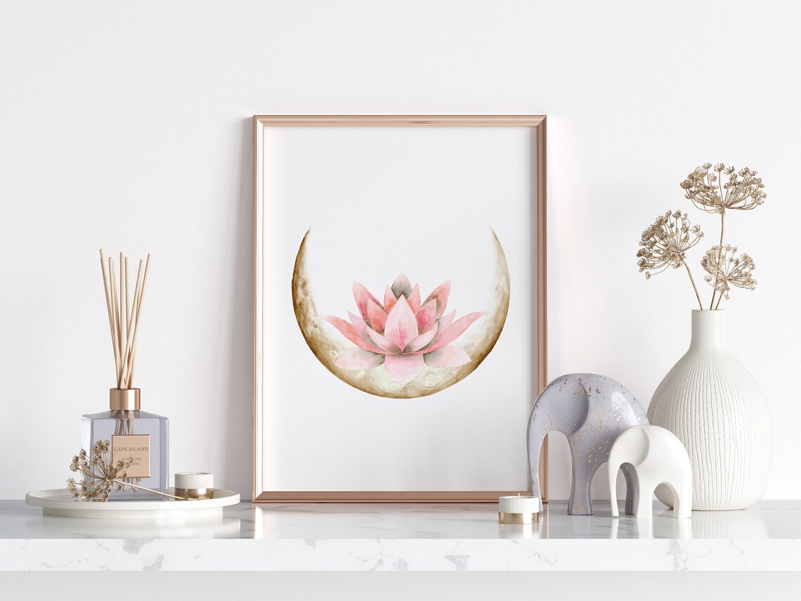 Lotus Flower and Moon Watercolor Art Print - Image 3
