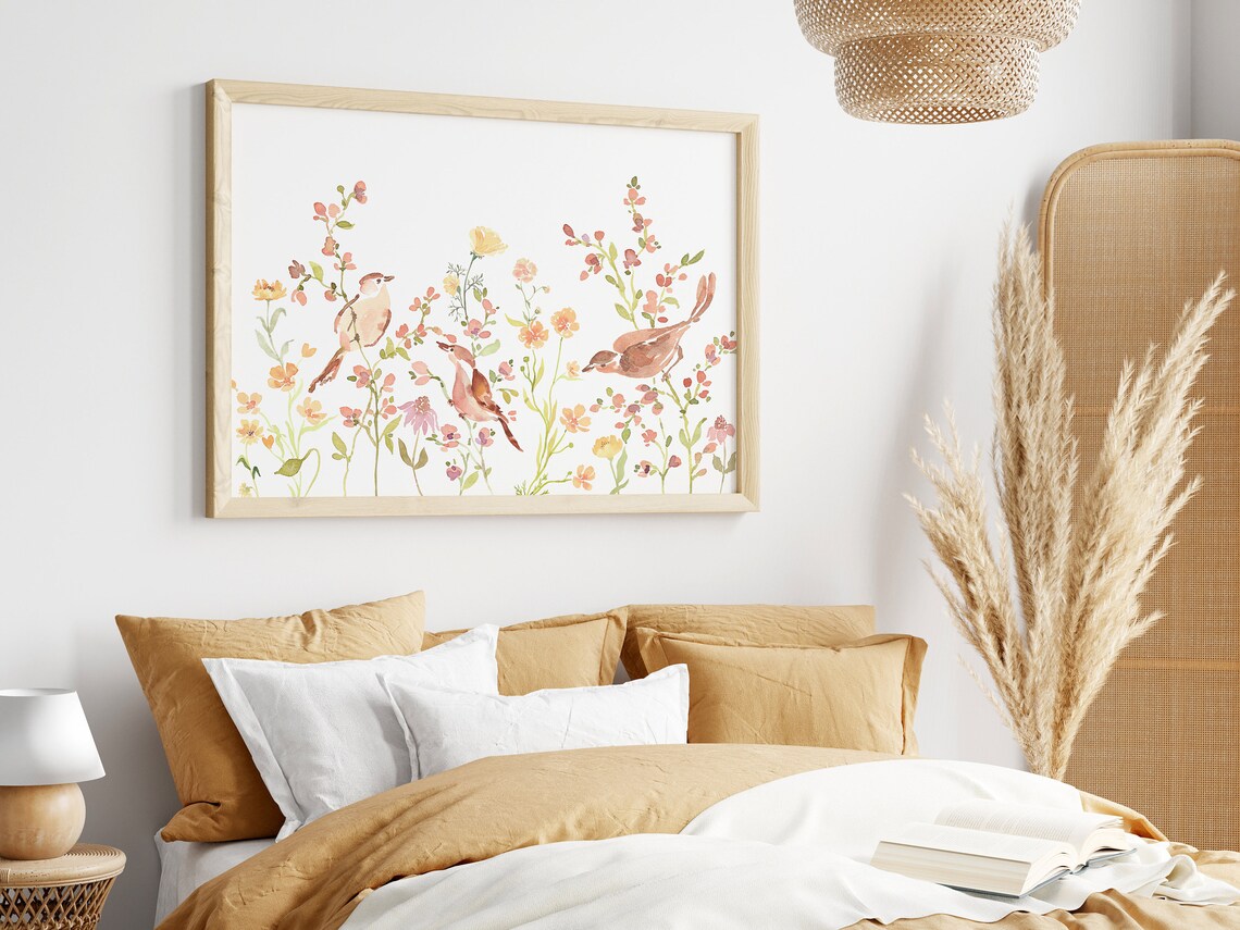 Birds on Flower Branches Watercolor Art Print - Image 2