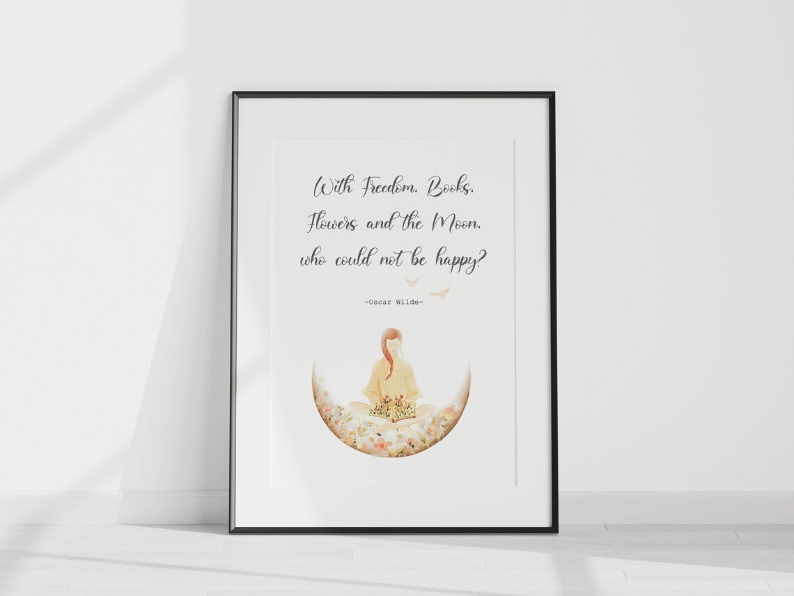 Oscar Wilde Freedom Books Flowers Moon Quote With Reading Girl Poster - Image 2