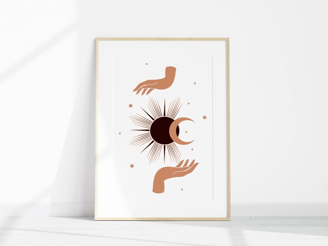 Mystical Boho Hands Holding Sun and Moon Celestial Line Art Poster - Image 3