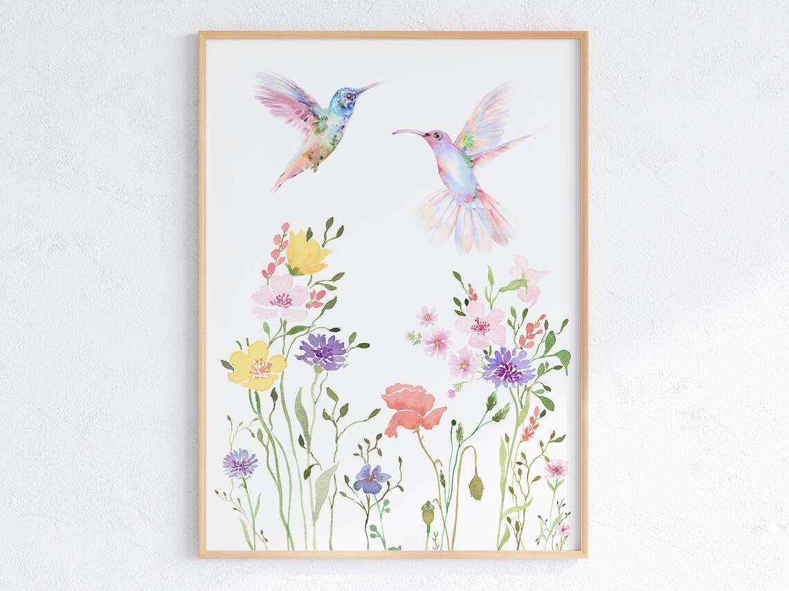 Hummingbirds and Wildflowers Watercolor Art Print - Image 3