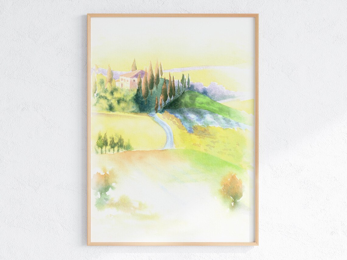 Tuscany Cypress Hills Villa Golden Hour Watercolor Italy Poster