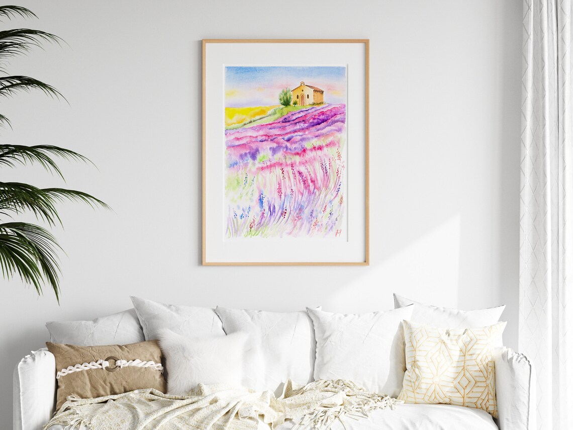 Lavender Field Farmhouse Hilltop Watercolor Landscape Travel Poster - Image 3