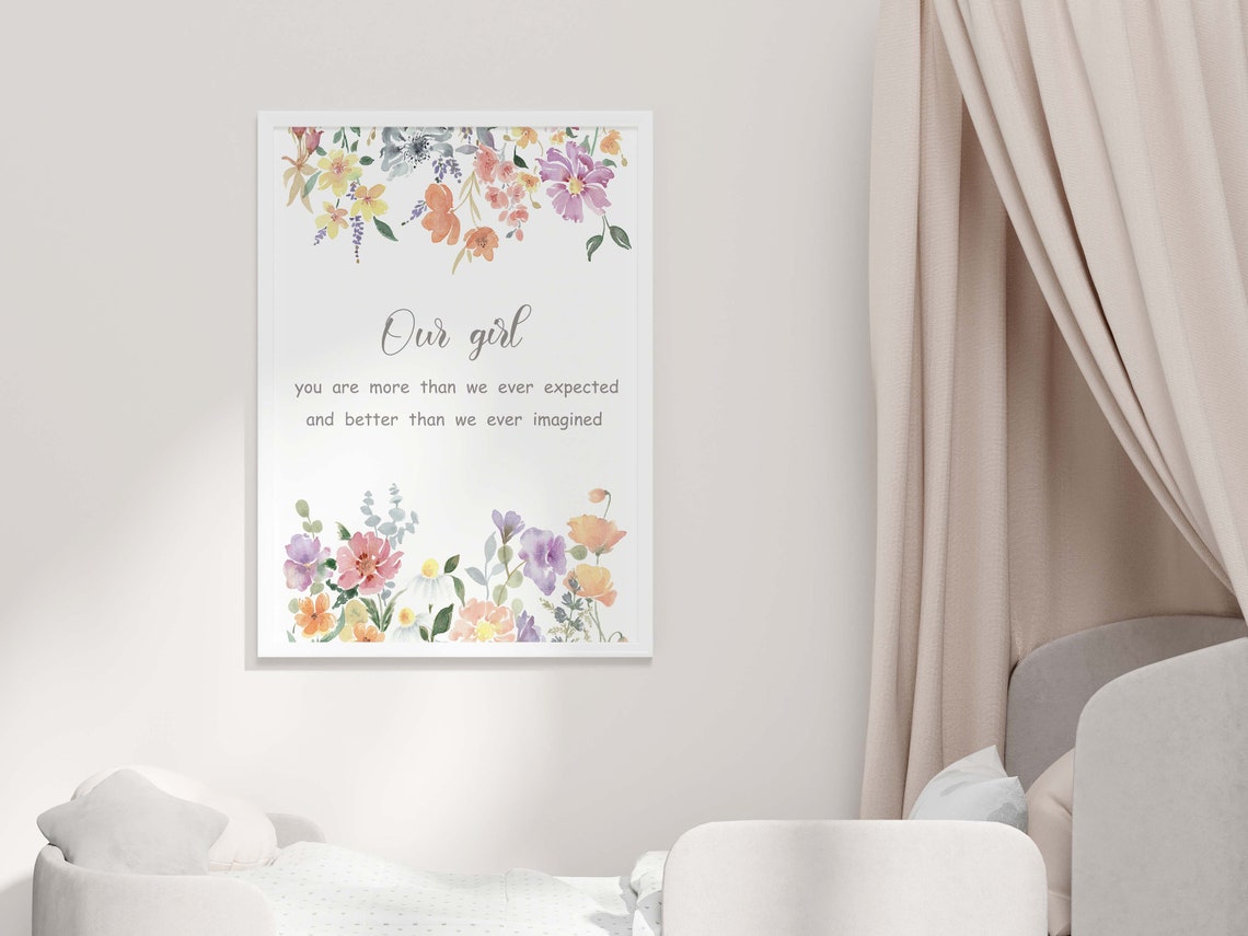 Our Girl Print Colorful Flower Poster With Baby Quote For Girl Nursery Wall Art Floral Watercolor Baby Shower Gift For New Baby Girl - Image 2