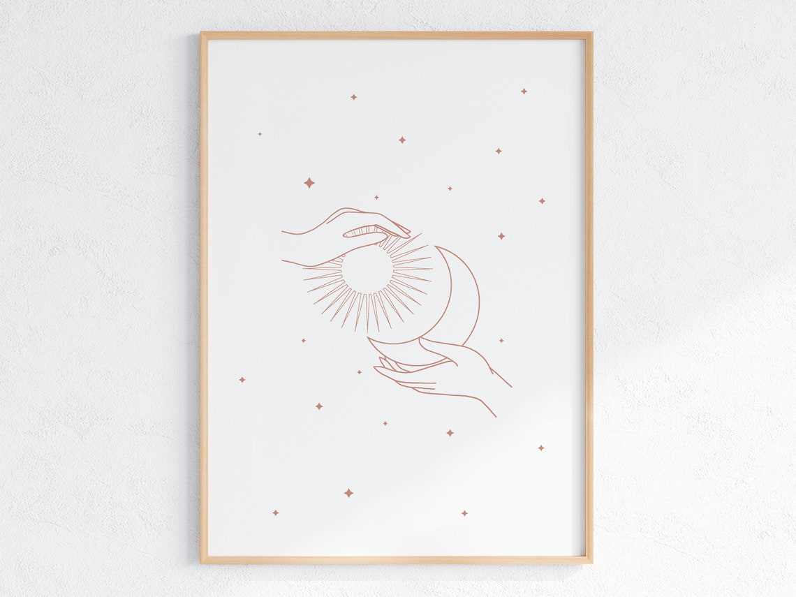 Hands Holding Sun And Crescent Moon Line Art Celestial Wall Art - Image 3