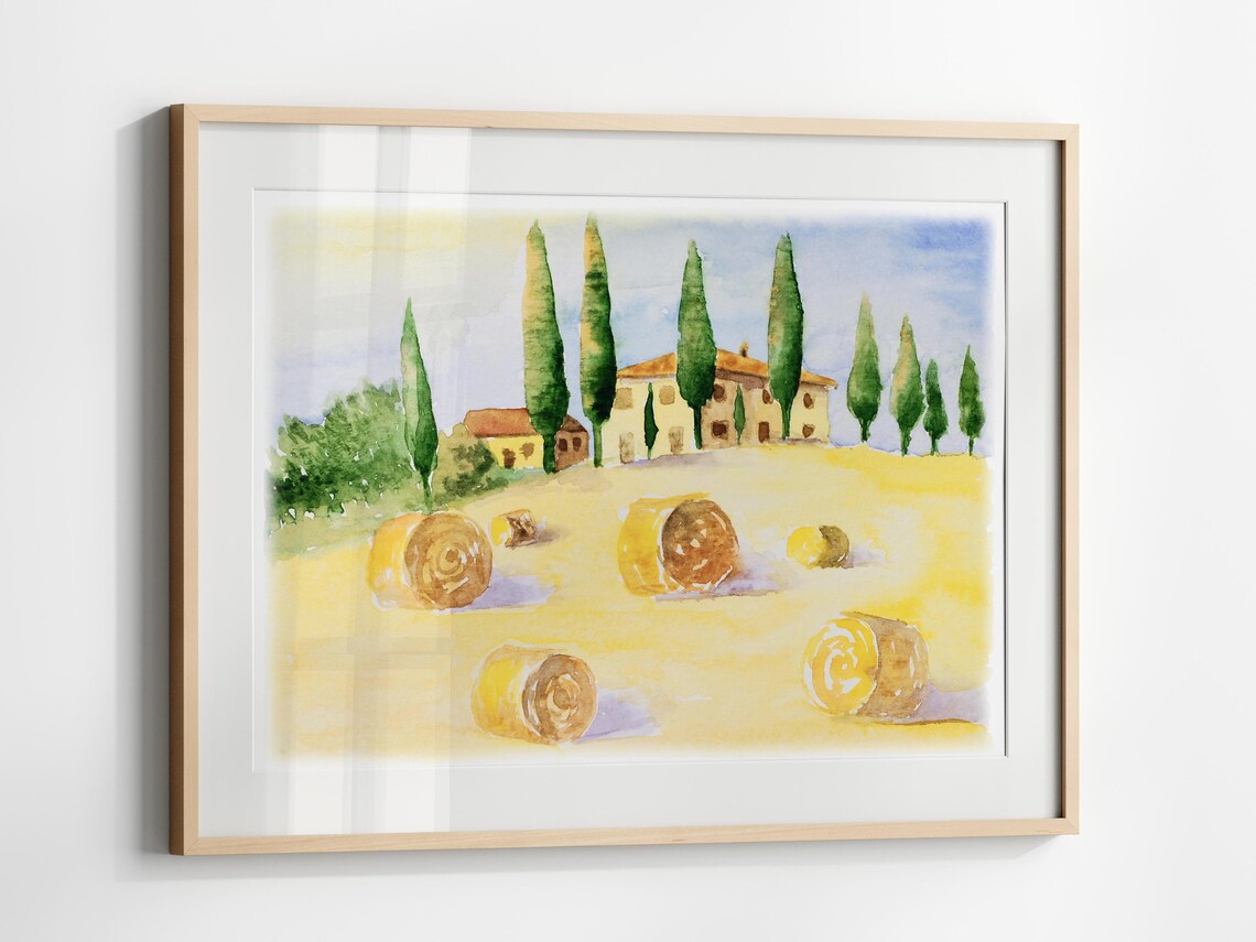 Tuscany Farmhouse Hay Bales Watercolor Italian Countryside Poster