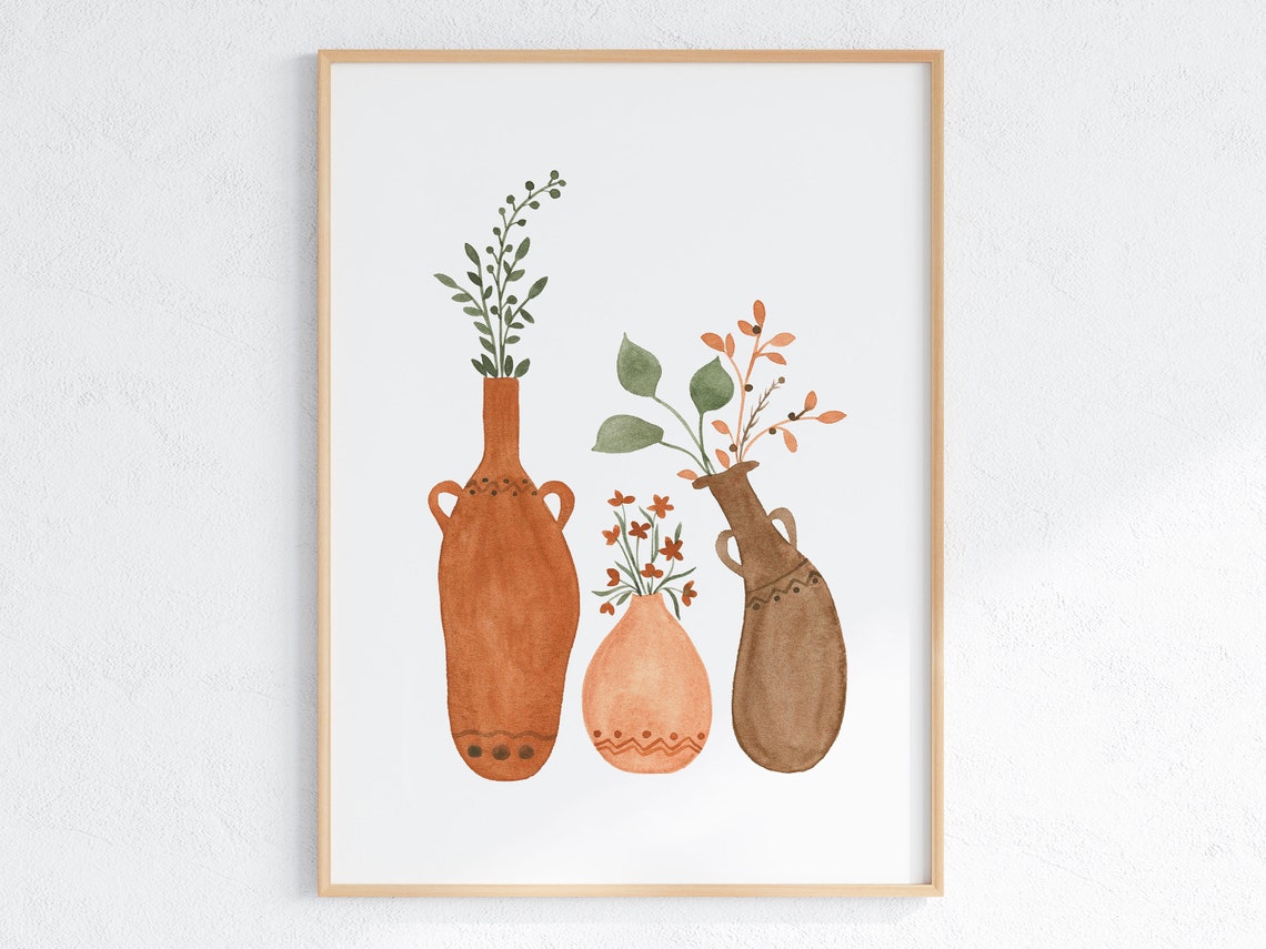 Boho Terracotta Vases Botanical Sprigs Watercolor Rustic Poster