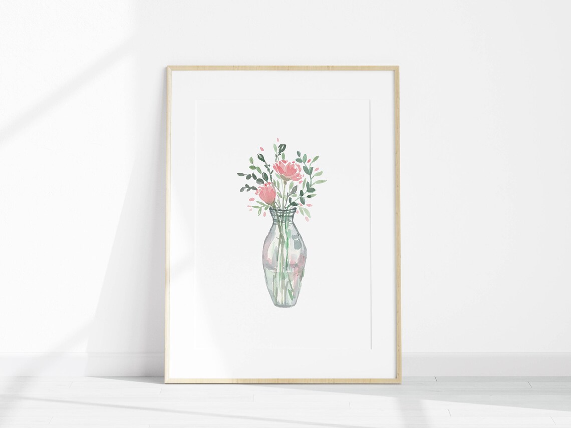 Pink Blossom Bouquet in Glass Vase Soft Watercolor Floral Poster - Image 3