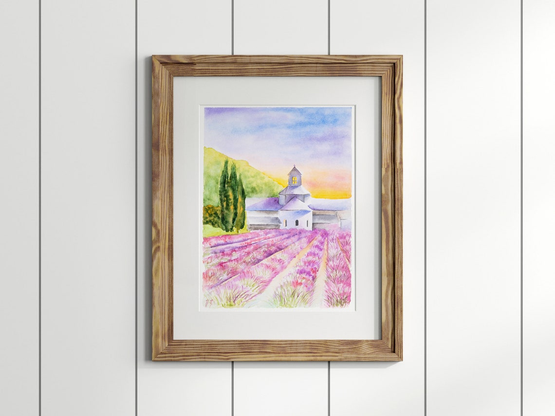 Provence Lavender Field with Church at Sunset Watercolor Poster