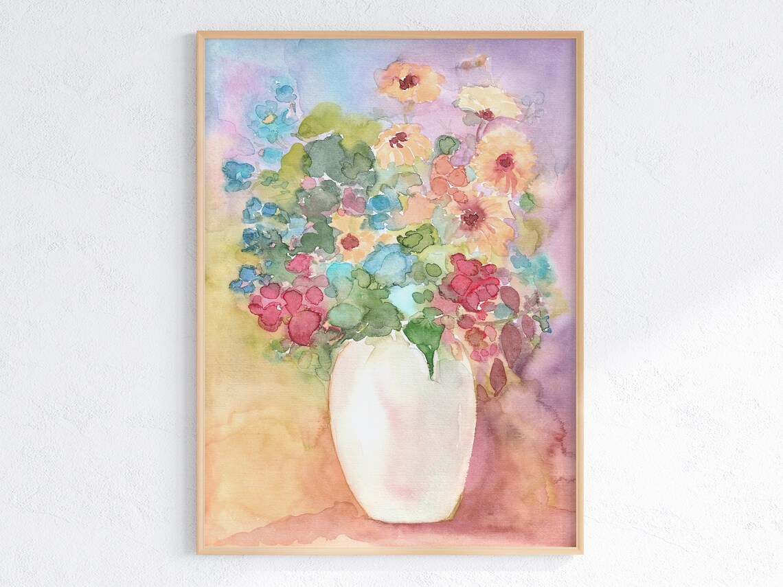 Flowers In Vase Watercolor Art Print, Botanical Bouquet