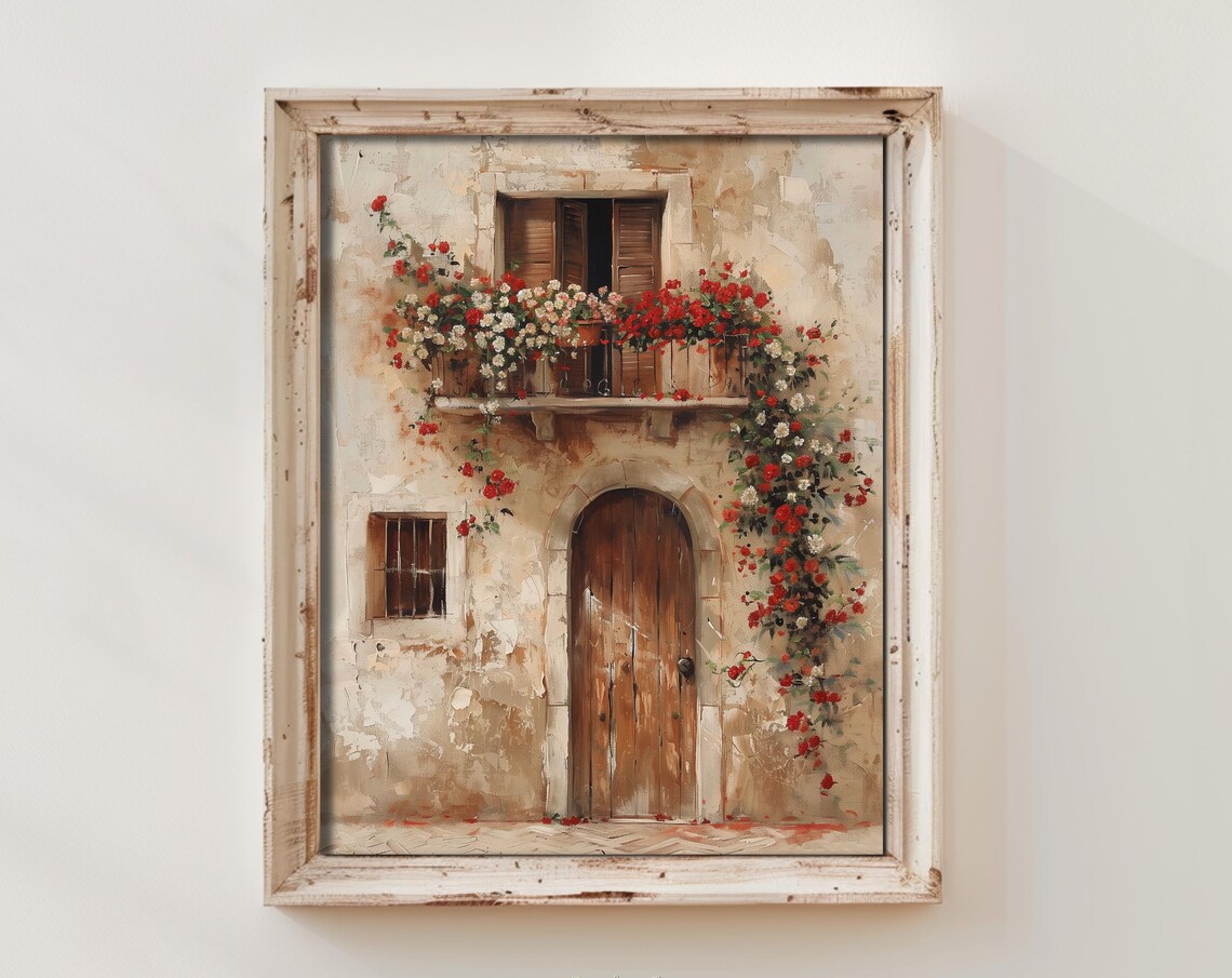 Rustic Italian Stone House Floral Balcony Vintage Oil Painting Poster